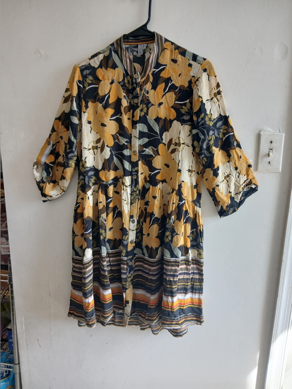 Floral Button-Front Mini Dress in Yellow and Navy